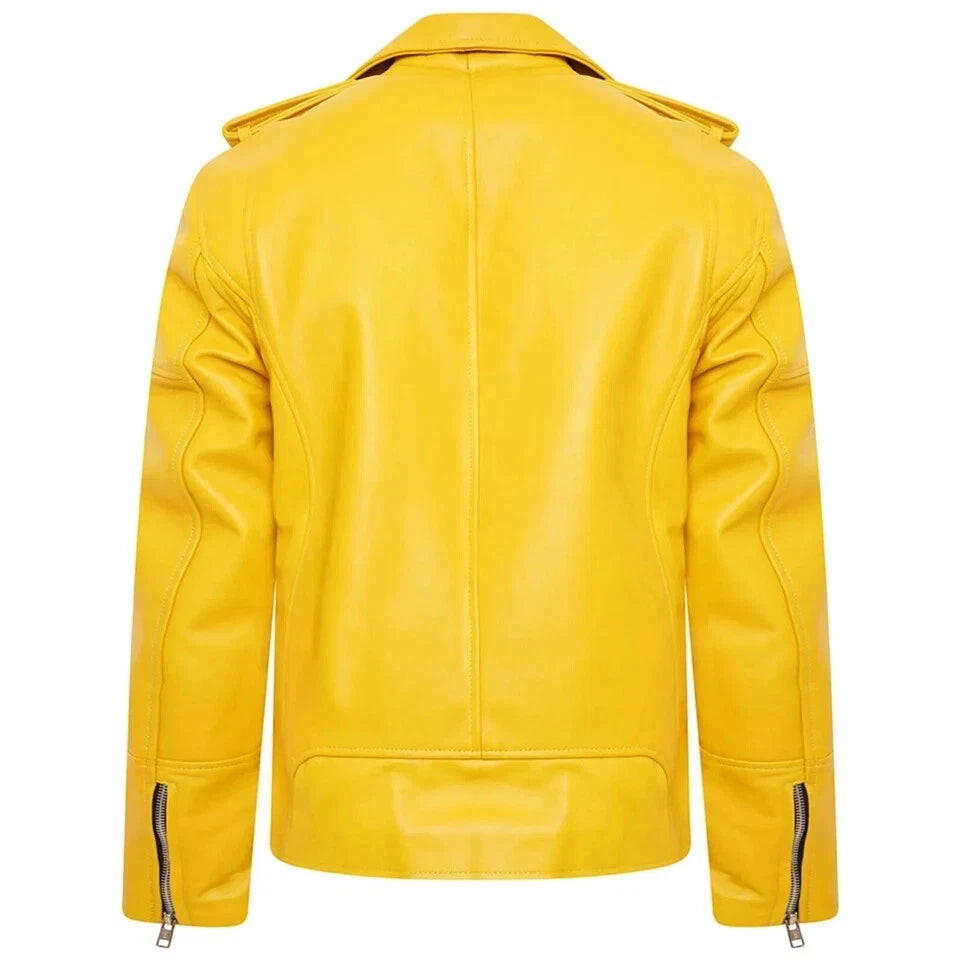 Men's Yellow Original Leather Asymmetric Biker Jacket with Gold Zips