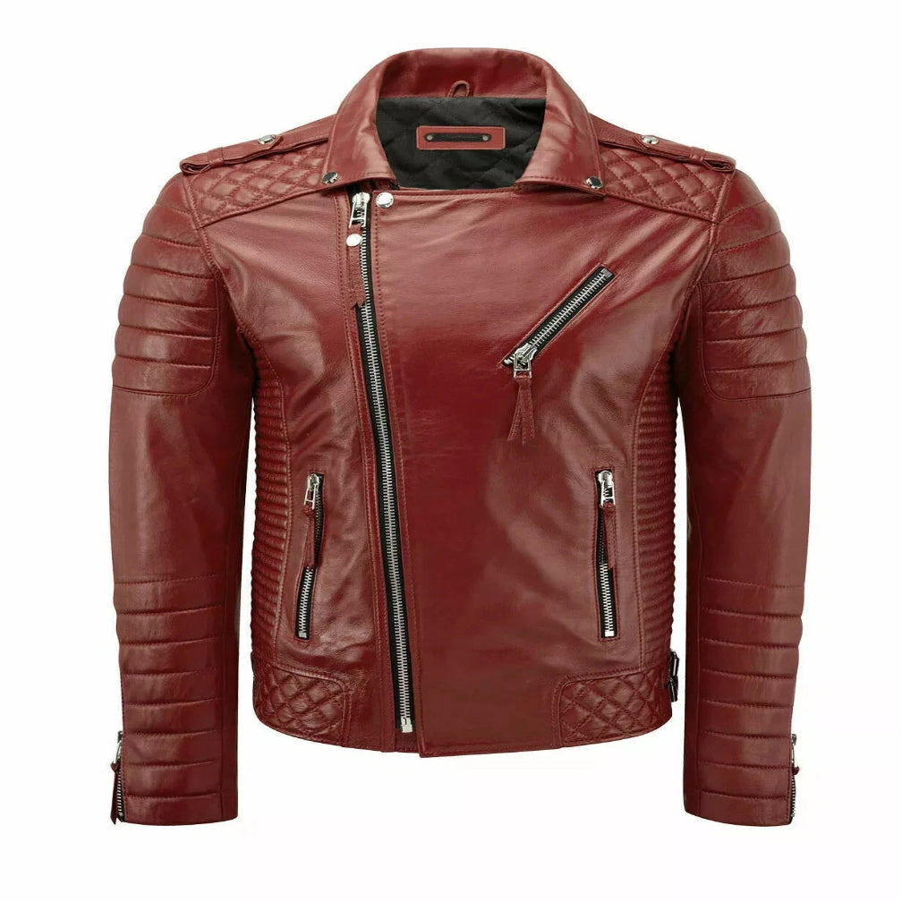 Men's Red Original Quilted Leather Biker Jacket with Epaulettes