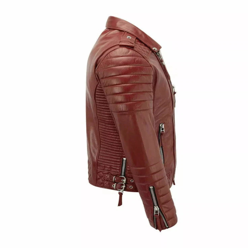 Men's Red Original Quilted Leather Biker Jacket with Epaulettes