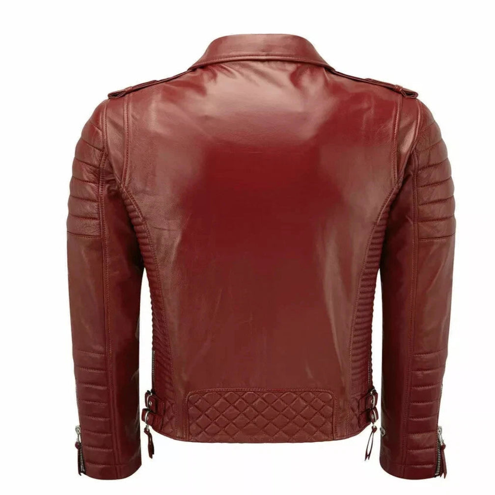 Men's Red Original Quilted Leather Biker Jacket with Epaulettes