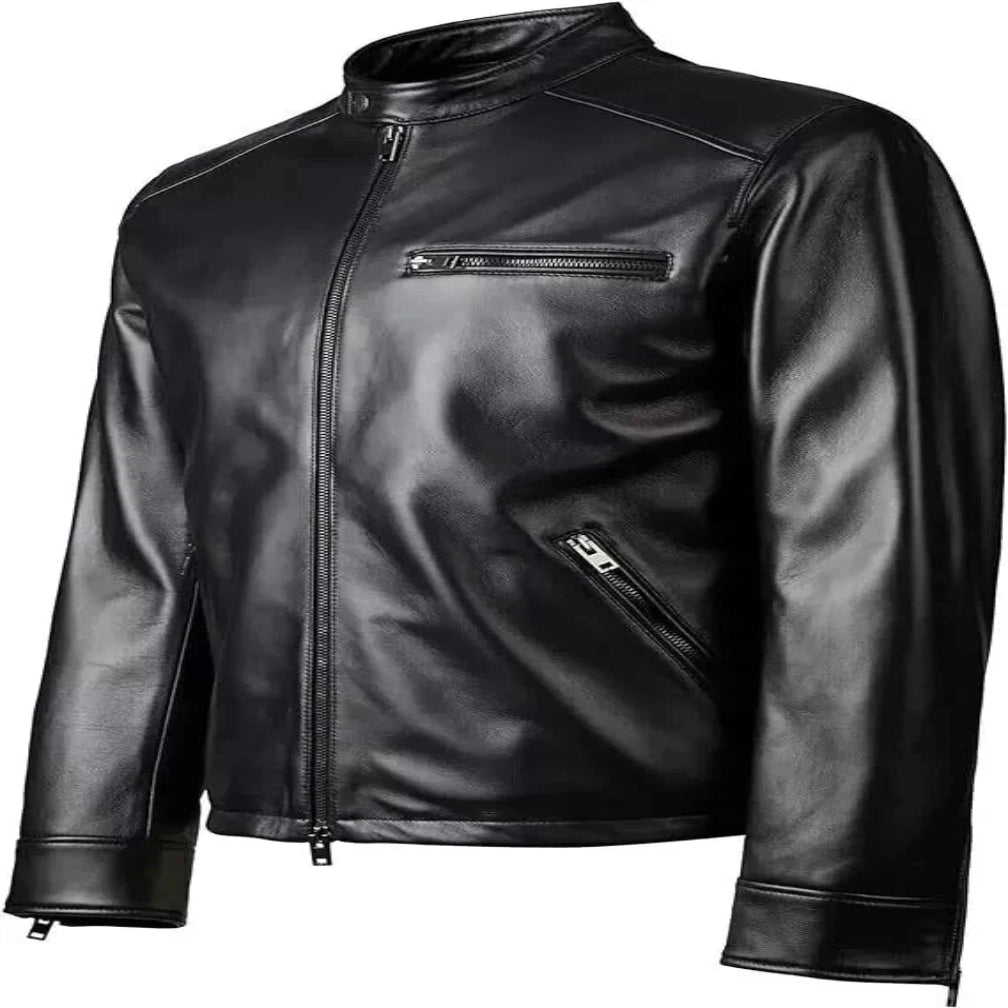 Men's Black Premium Original Leather Racer Jacket with Band Collar
