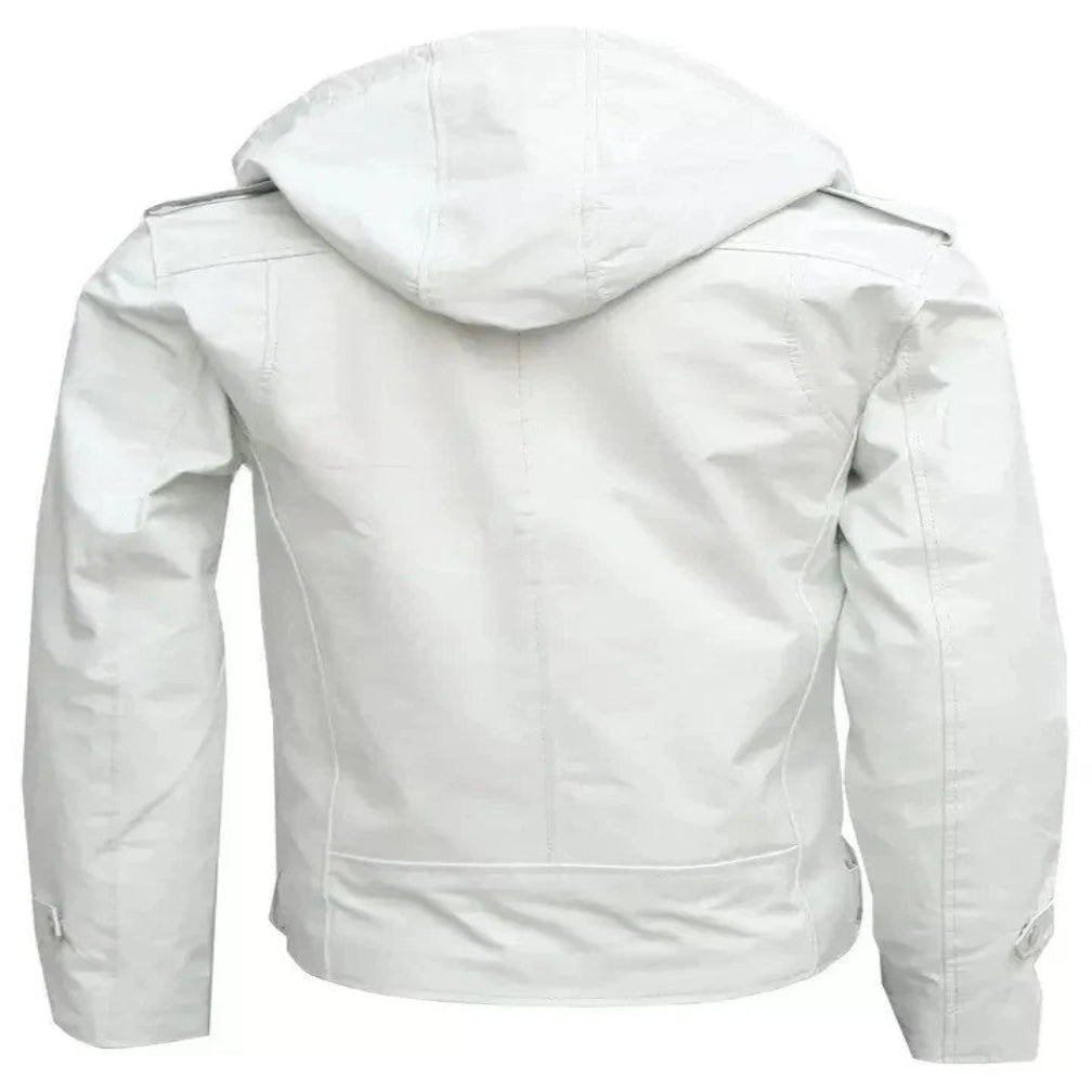 Men's White Premium Original Hooded Original Leather Biker Jacket