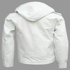 Men's White Premium Original Hooded Original Leather Biker Jacket – bomber jacket, back view – Kamercio