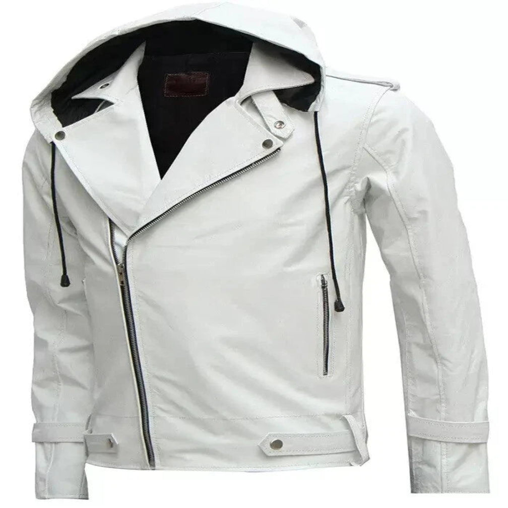 Men's White Premium Original Hooded Original Leather Biker Jacket