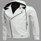 Men's White Premium Original Hooded Original Leather Biker Jacket – bomber jacket, front view – Kamercio