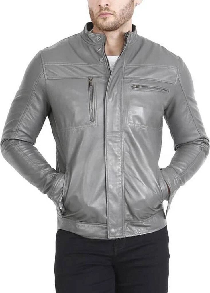 Men's Grey Moto-Collar Premium Original Leather Jacket