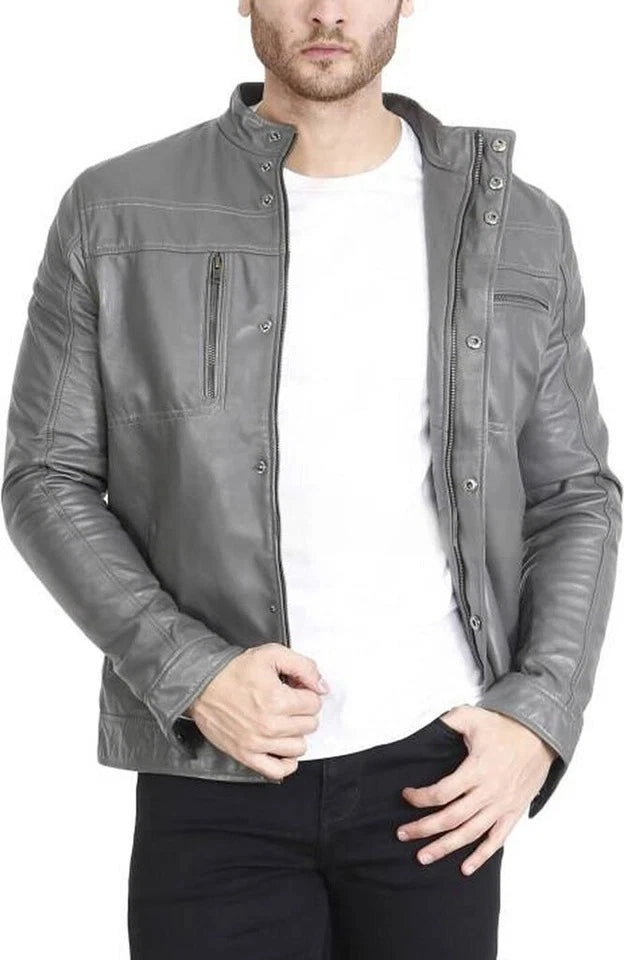 Men's Grey Moto-Collar Premium Original Leather Jacket
