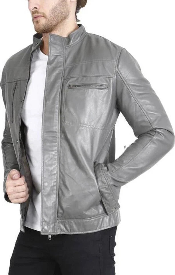 Men's Grey Moto-Collar Premium Original Leather Jacket