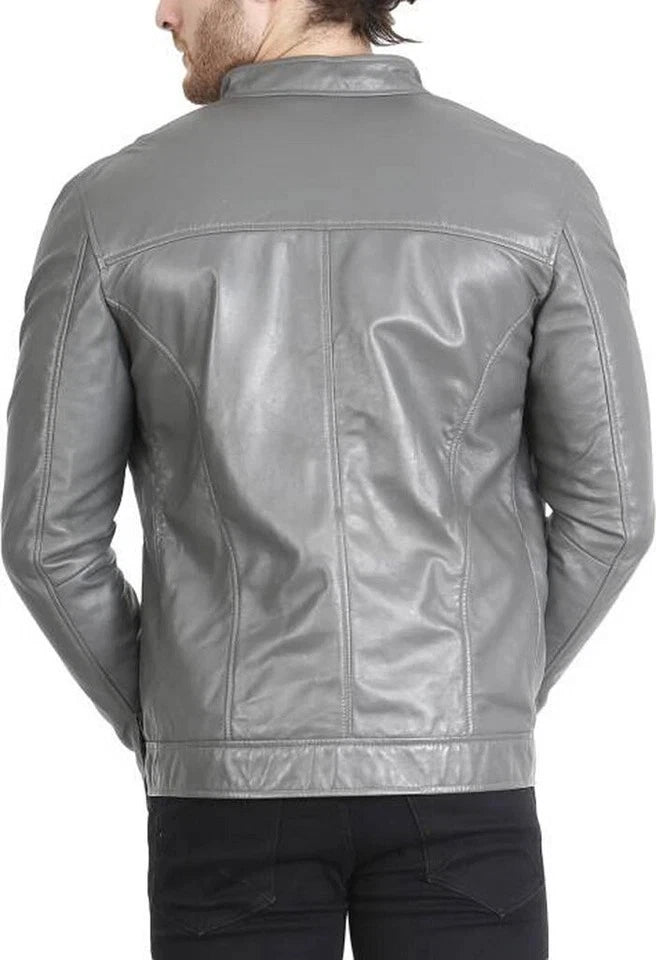 Men's Grey Moto-Collar Premium Original Leather Jacket