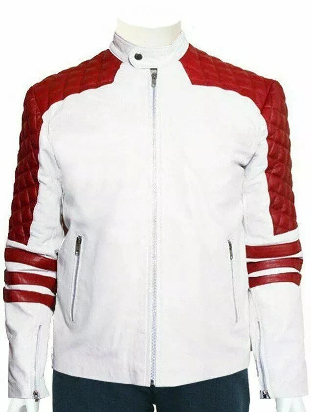 Men's White & Red Quilted Premium Original Leather Biker Jacket