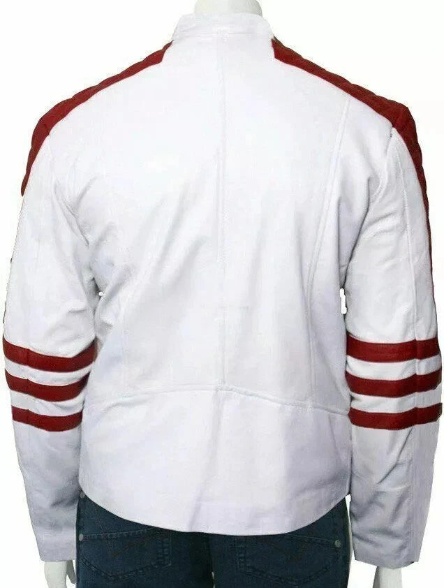Men's White & Red Quilted Premium Original Leather Biker Jacket