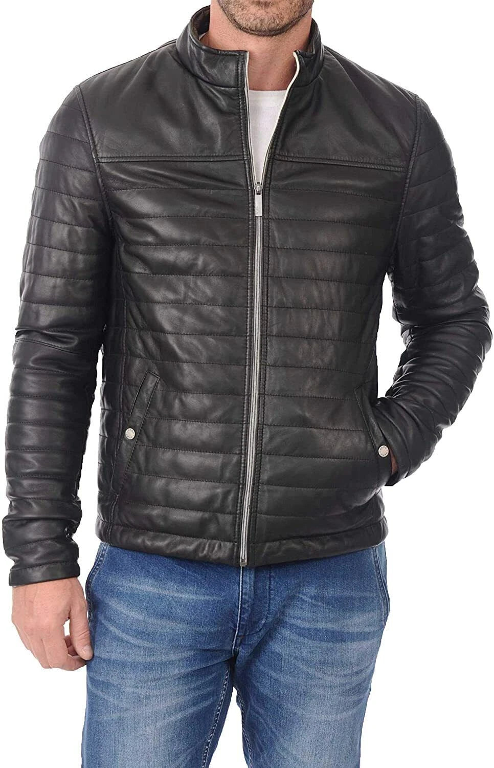 Men's Black Original Premium Horizontal Quilted Leather Jacket