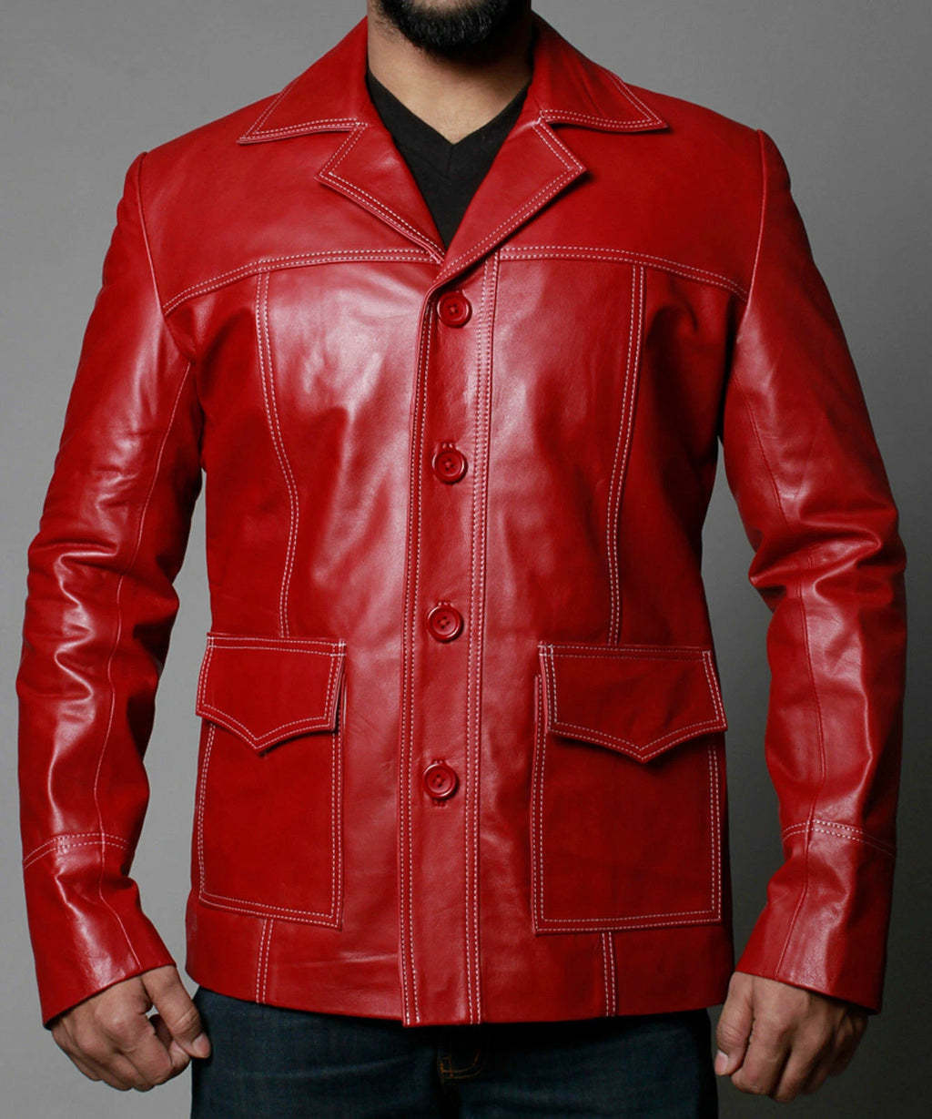 Men's Red Button-Front Premium Original Leather Jacket