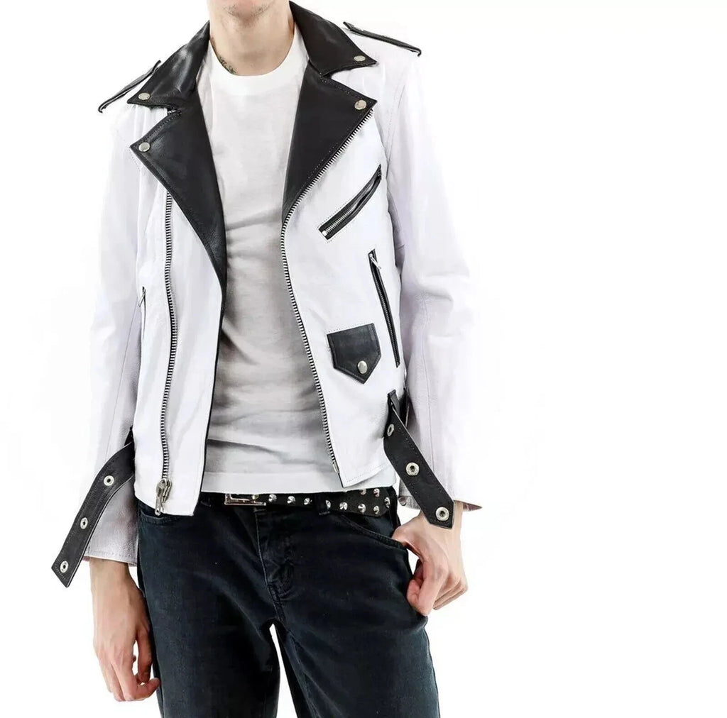 Men's White & Black Contrast Original Leather Biker Jacket