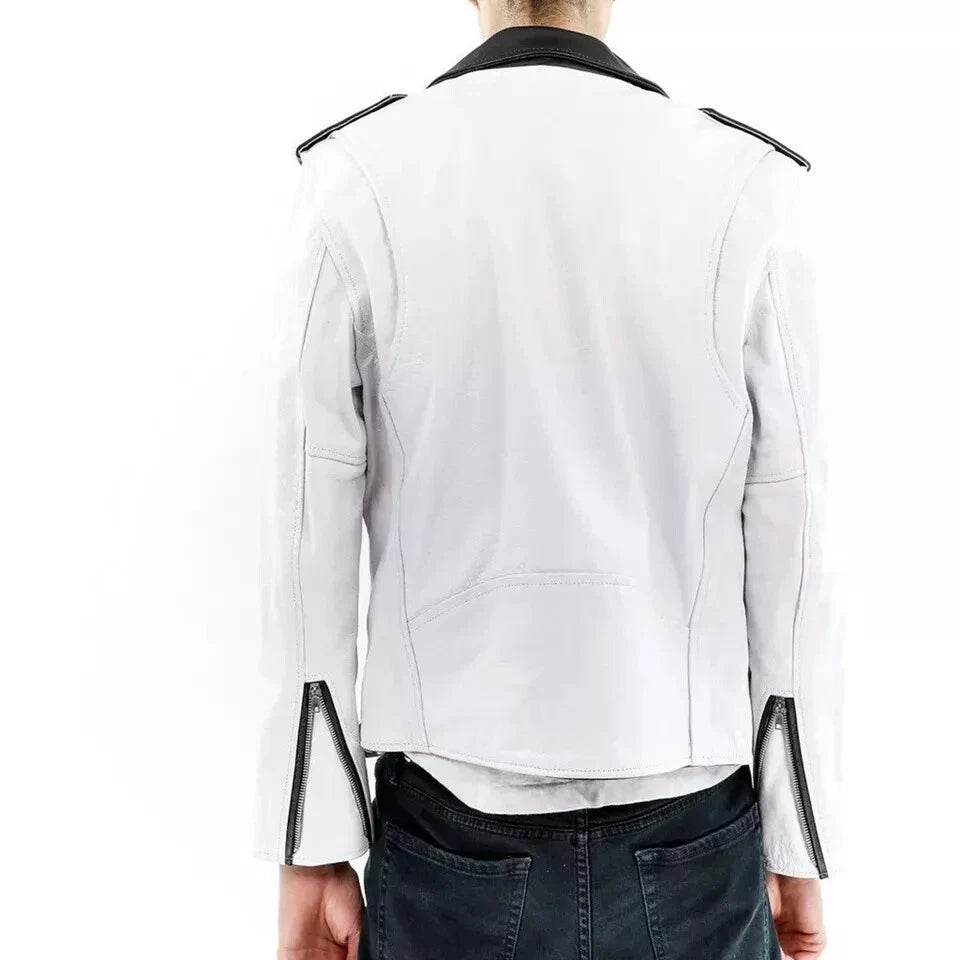 Men's White & Black Contrast Original Leather Biker Jacket
