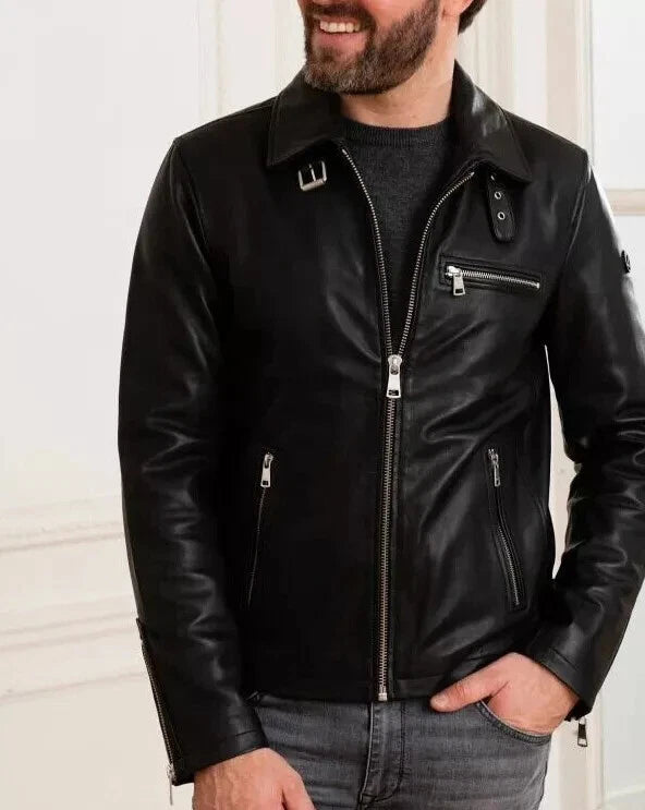 Men's Black Lambskin Original Leather Moto Jacket with Collar