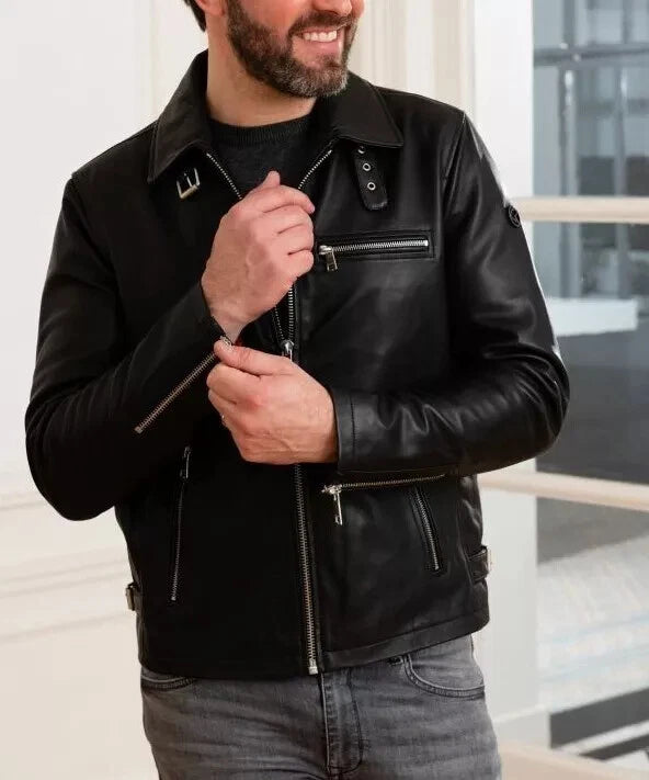 Men's Black Lambskin Original Leather Moto Jacket with Collar