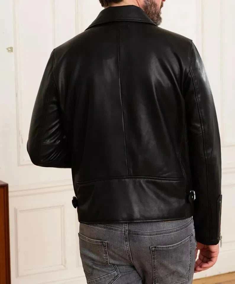 Men's Black Lambskin Original Leather Moto Jacket with Collar