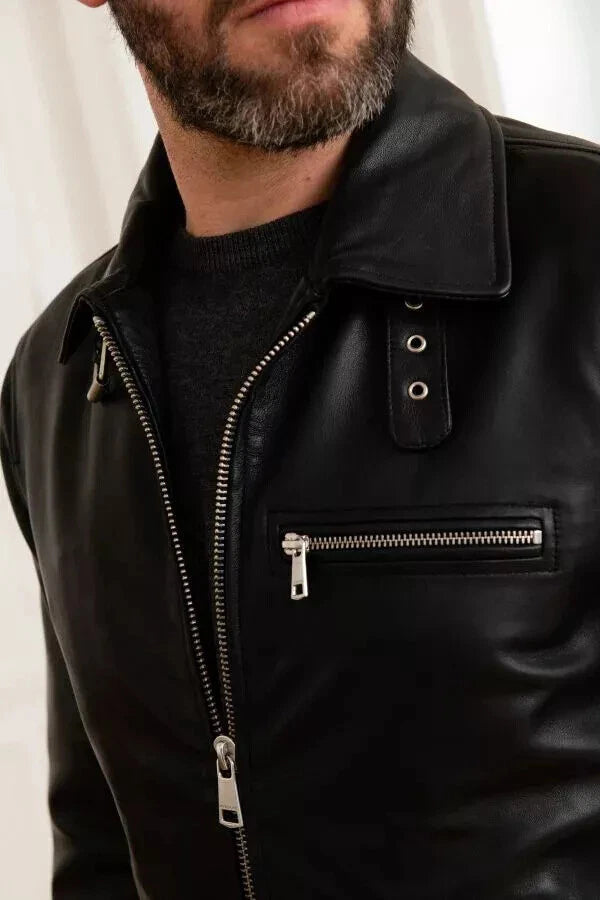 Men's Black Lambskin Original Leather Moto Jacket with Collar