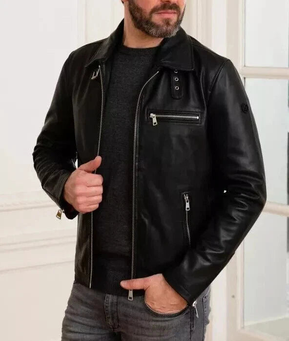Men's Black Lambskin Original Leather Moto Jacket with Collar