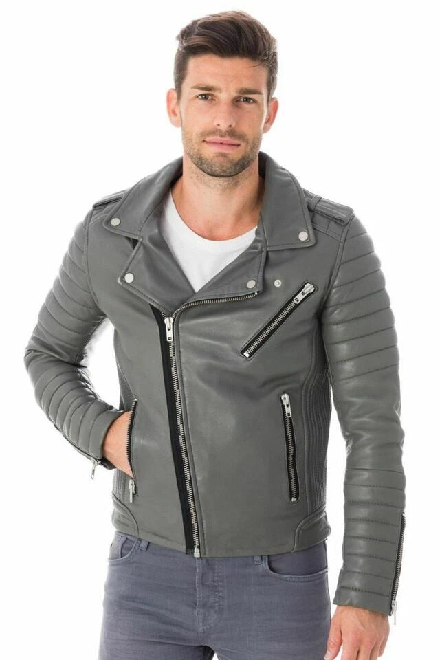 Men's Grey Lambskin Original Premium Leather Quilted Sleeve Biker Jacket