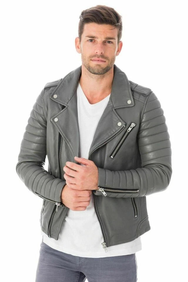 Men's Grey Lambskin Original Premium Leather Quilted Sleeve Biker Jacket