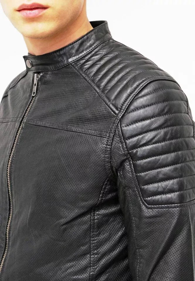 Men's Black Premium Original Lambskin Leather Perforated Racer Jacket