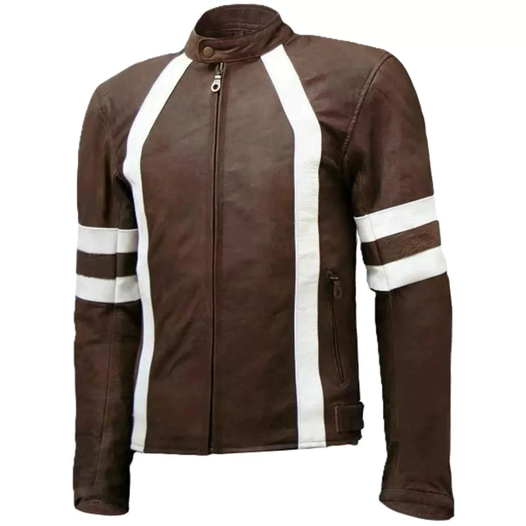 Men's Brown & White Stripe Premium Lambskin Original Leather Racer Jacket