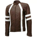 Men's Brown & White Stripe Premium Lambskin Original Leather Racer Jacket