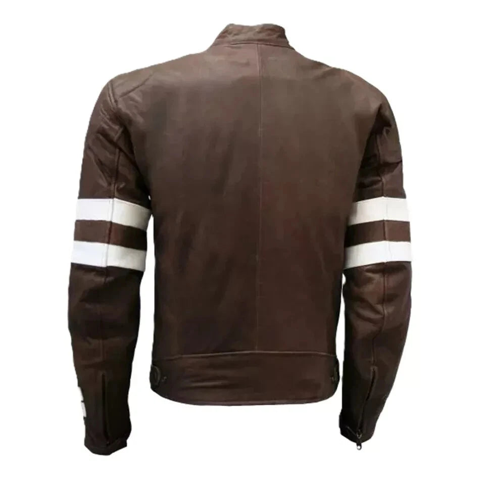 Men's Brown & White Stripe Premium Lambskin Original Leather Racer Jacket
