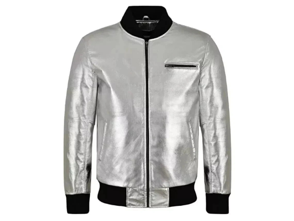 Men's Silver Metallic Lambskin Premium Original Leather Bomber Jacket