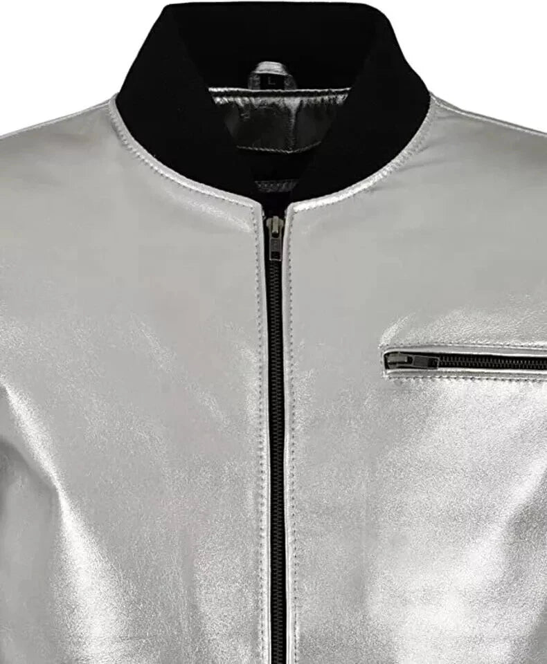Men's Silver Metallic Lambskin Premium Original Leather Bomber Jacket