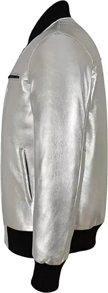 Men's Silver Metallic Lambskin Premium Original Leather Bomber Jacket