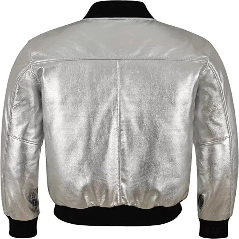 Men's Silver Metallic Lambskin Premium Original Leather Bomber Jacket
