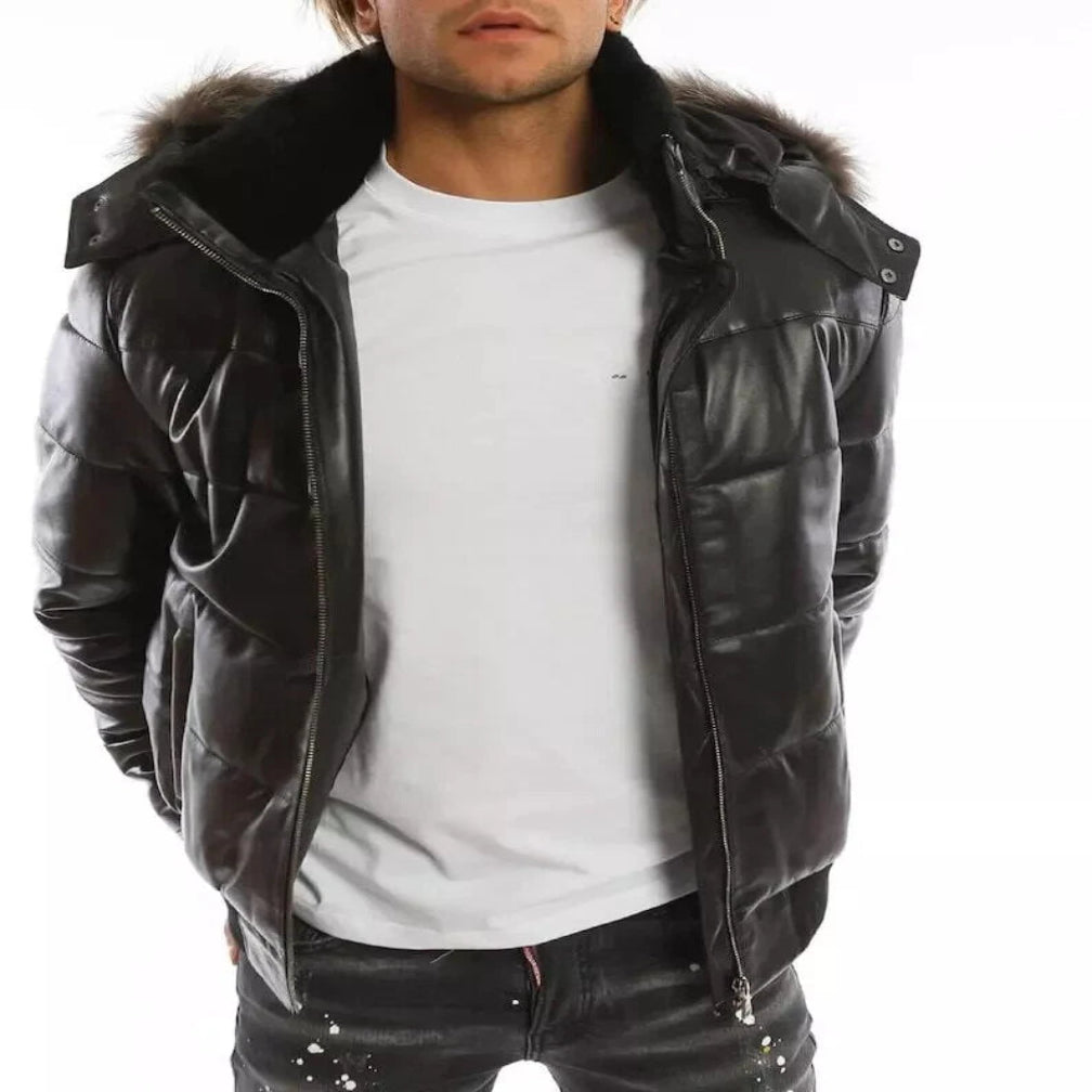 Men's Black Lambskin Original Leather Quilted Puffer Jacket with Fur Hood