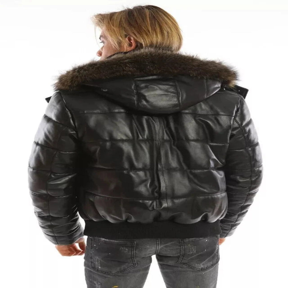 Men's Black Lambskin Original Leather Quilted Puffer Jacket with Fur Hood
