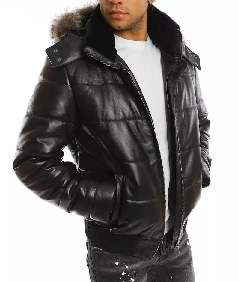 Men's Black Lambskin Original Leather Quilted Puffer Jacket with Fur Hood