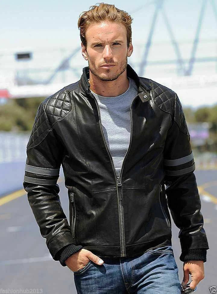 Men's Black Lambskin Original Leather Quilted Shoulder Jacket with Stripe Sleeves
