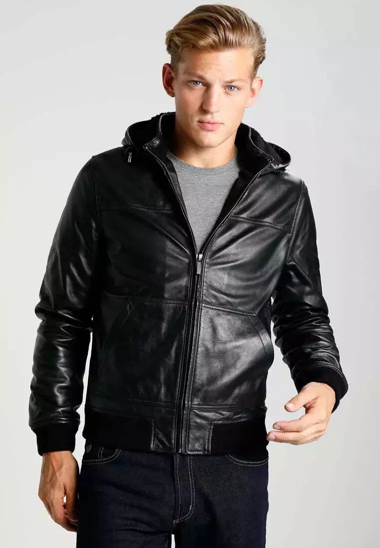 Men's Black Lambskin Original Leather Hooded Bomber Jacket