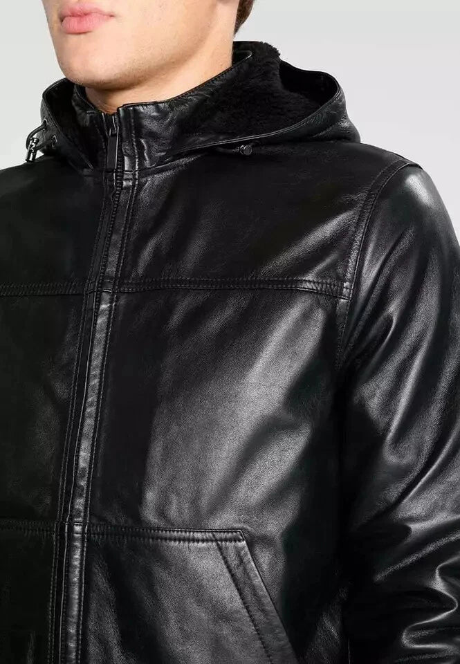 Men's Black Lambskin Original Leather Hooded Bomber Jacket