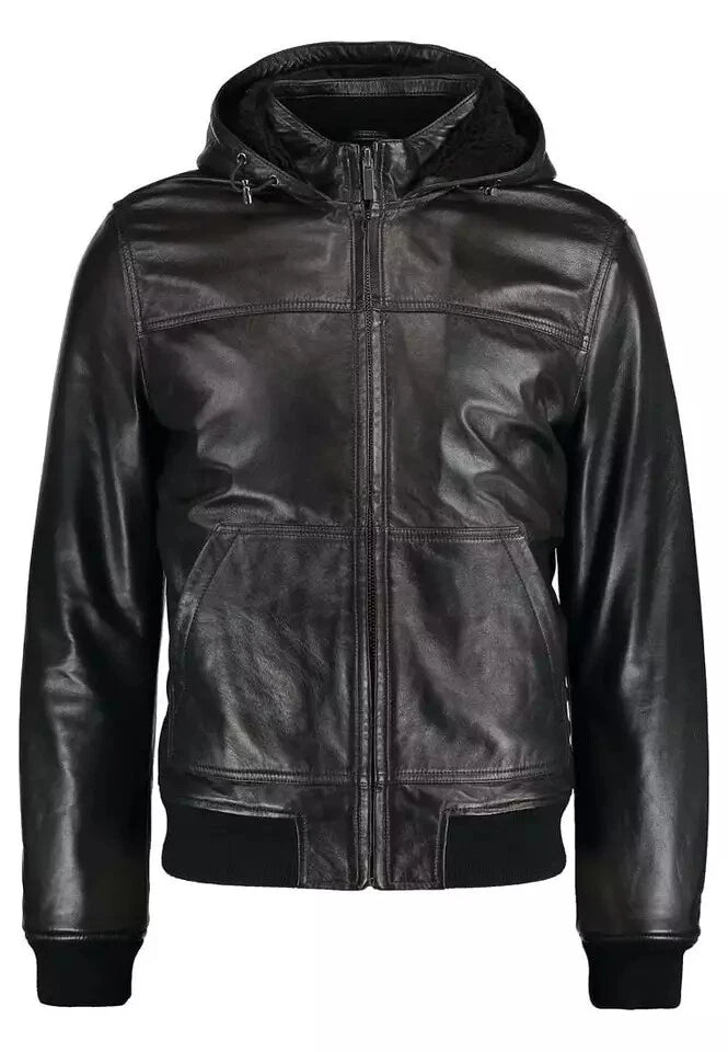 Men's Black Lambskin Original Leather Hooded Bomber Jacket