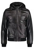Men's Black Lambskin Original Leather Hooded Bomber Jacket