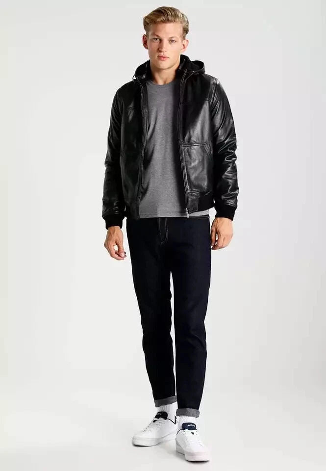 Men's Black Lambskin Original Leather Hooded Bomber Jacket