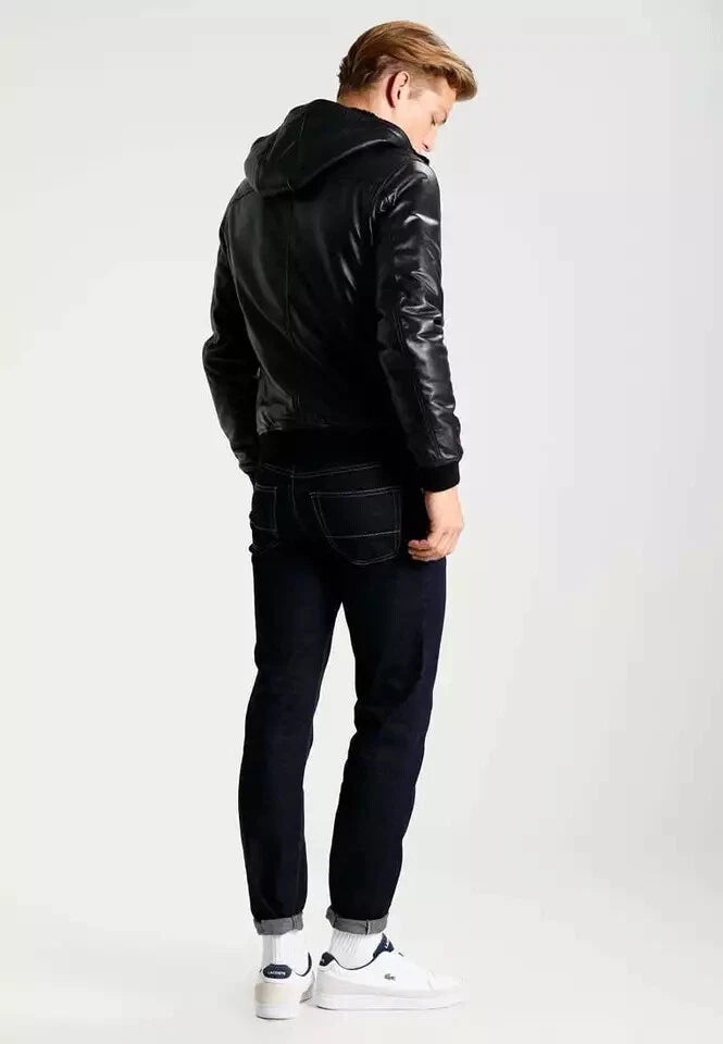Men's Black Lambskin Original Leather Hooded Bomber Jacket