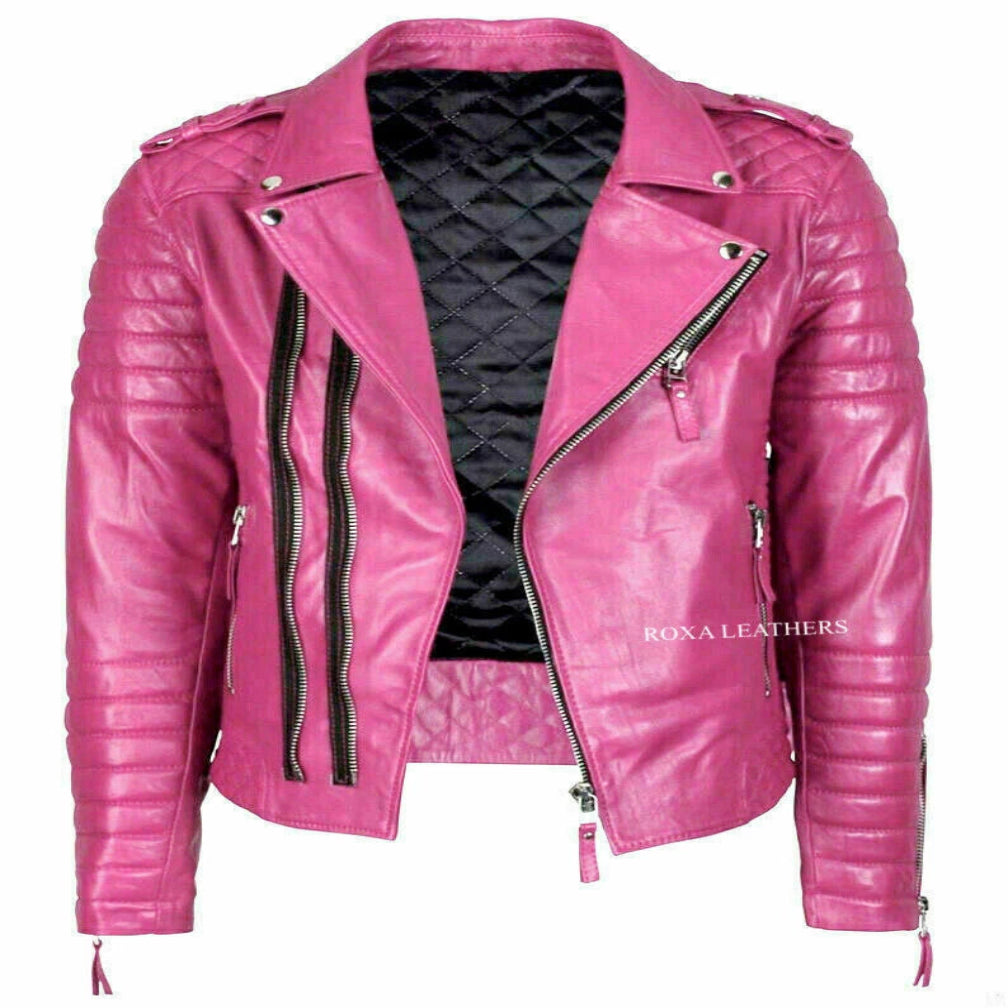 Men's Hot Pink Lambskin Original Leather Quilted Biker Jacket