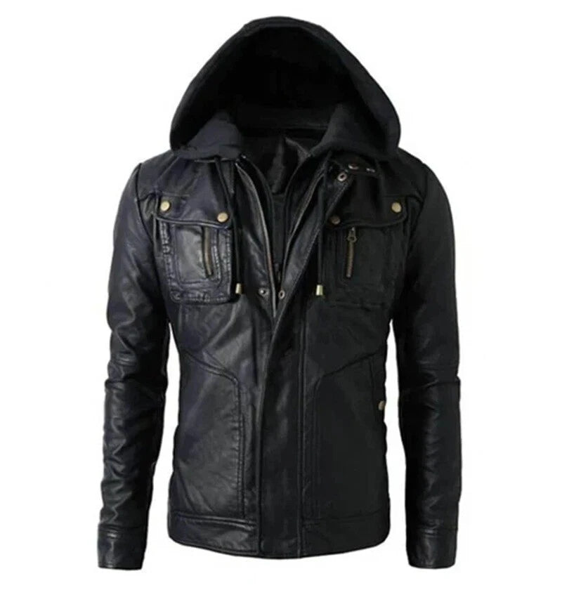 Men's Black Lambskin Original Leather Jacket with Detachable Hoodie