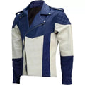 Men's Navy Blue & White Stripe Premium Lambskin Original Leather Biker Jacket