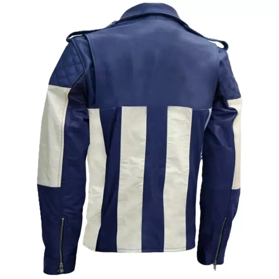 Men's Navy Blue & White Stripe Premium Lambskin Original Leather Biker Jacket