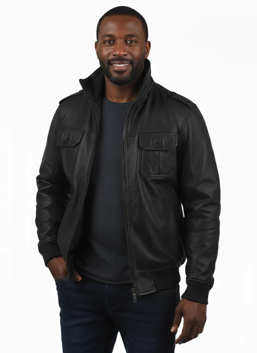 Men's Black Original Premium Lambskin Leather Military Bomber Jacket