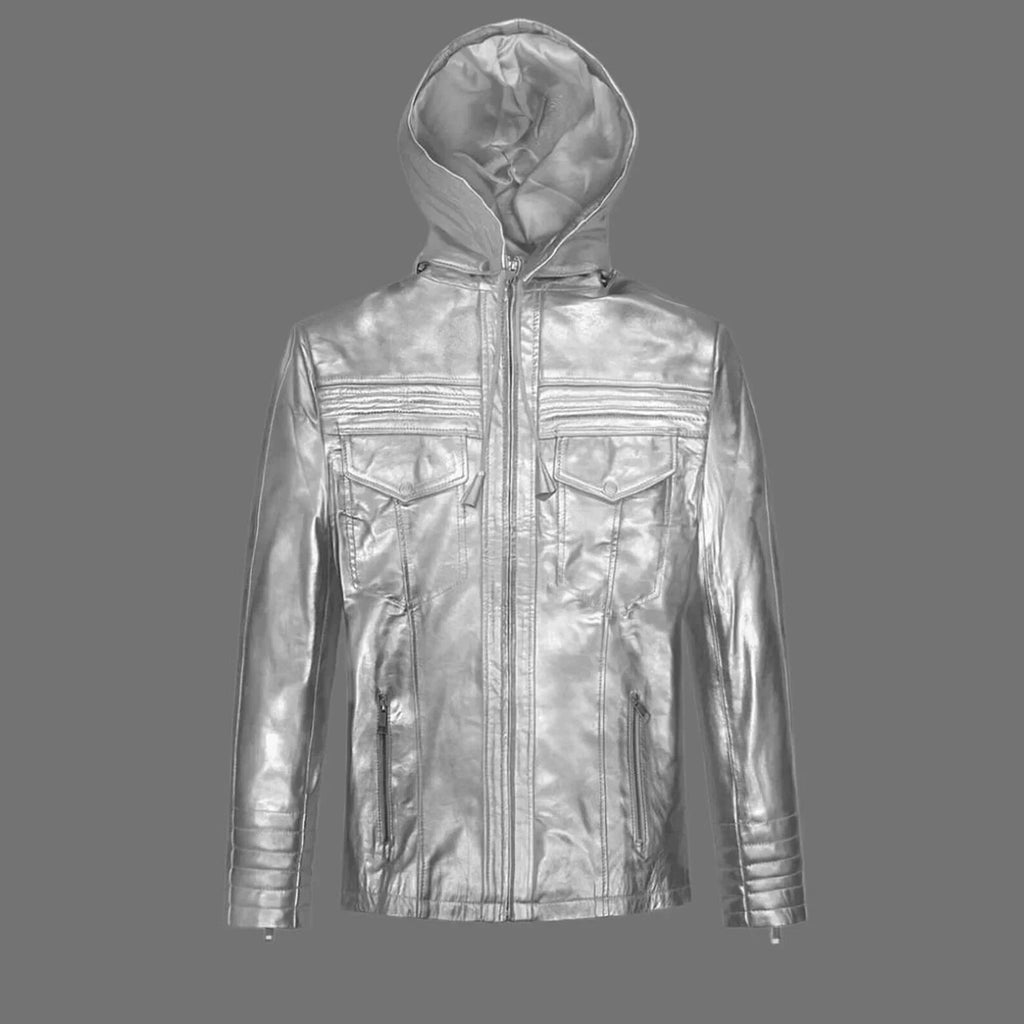 Men's Silver Metallic Lambskin Original Leather Hooded Jacket with Dual Chest Pockets